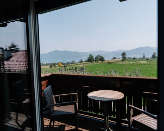 Panoramablick aus einem Zimmer im Hotel Alpenblick Attersee